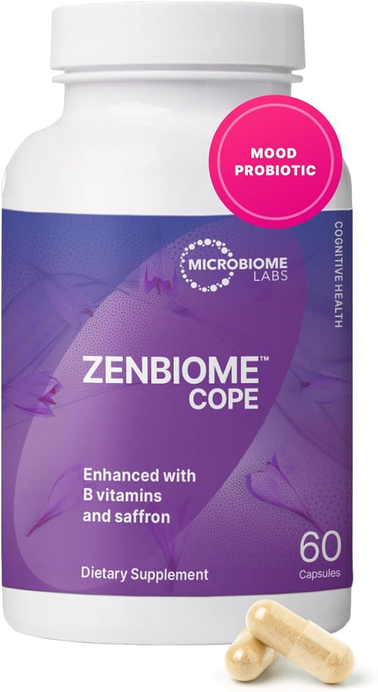 Microbiome Labs Zenbiome COPE - Probiotic Mood Support Supplement with Vitamin B6, B12 & Saffron Extract - Promotes Better Occasional Stress Coping (60 Capsules)
