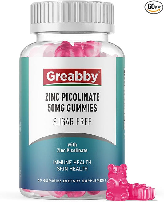 Zinc Gummies - Zinc Picolinate 50mg, Sugar Free, Highly Absorbable Zinc Picolinate Supplement for Kids & Adults, Support Growth, Immune Function, Skin Health, 60 Gummies