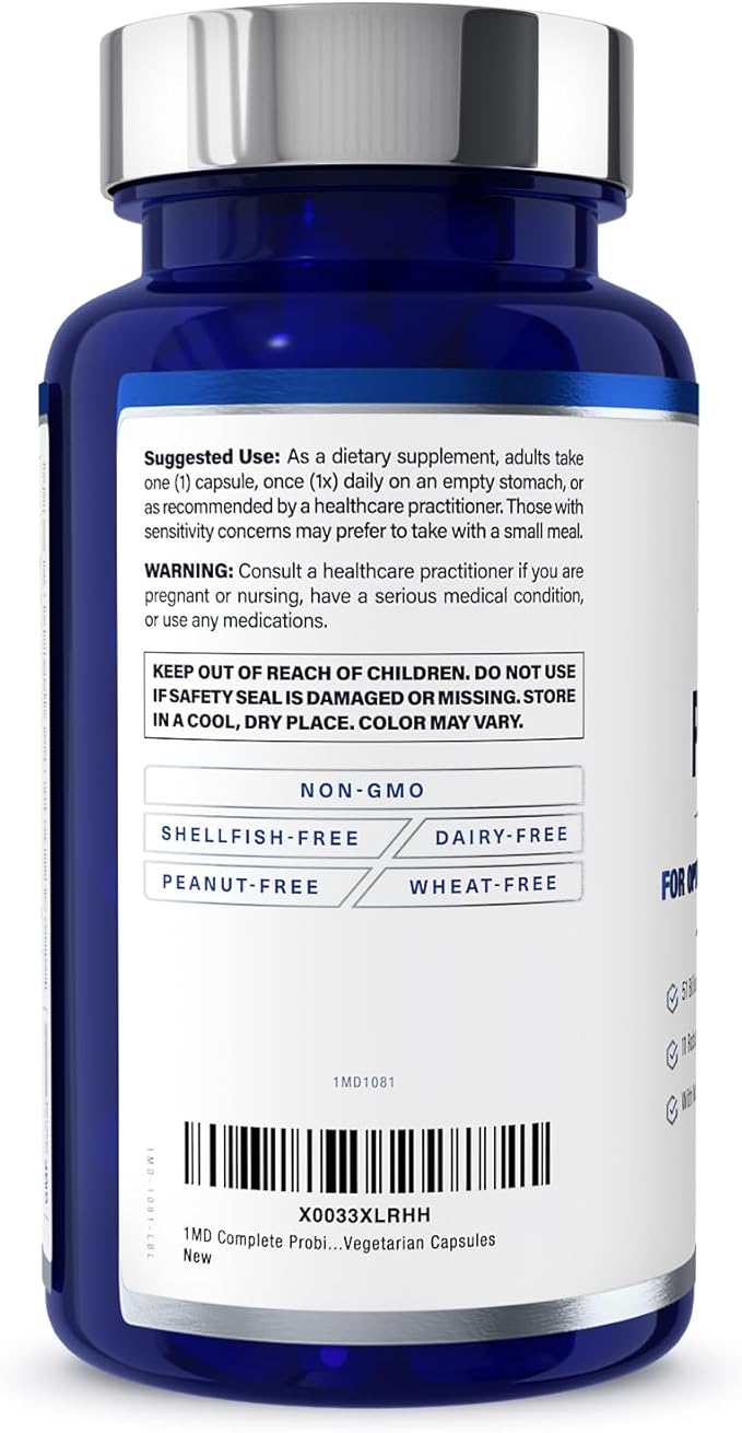 1MD Nutrition Complete Probiotics Platinum - w/Prebiotics and Probiotics for Digestive Health - Probiotic Supplement for Women & Men - More Than 50 Billion Live CFU 11 Strains Dairy-Free - 30 Caps