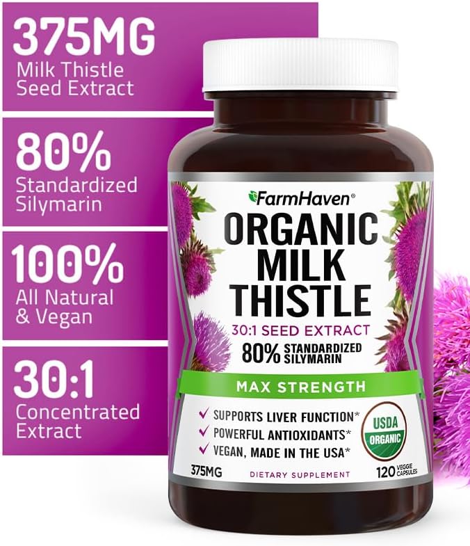 FarmHaven USDA Organic Milk Thistle Capsules | 30X Concentrated Seed Extract & 80% Silymarin Standardized - Supports Liver Function and Overall Health | Non-GMO | 240 Veggie Capsules