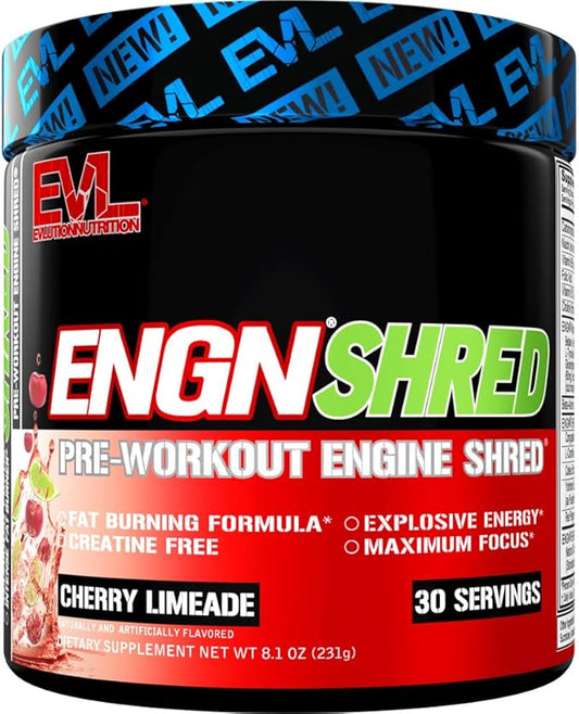 EVL Ultimate Pre Workout Powder - Thermogenic Fat Burner Preworkout Powder Drink for Lasting Energy Focus and Stamina - ENGN Shred Intense Fat Burning Creatine Free Preworkout Drink - Cherry Limeade