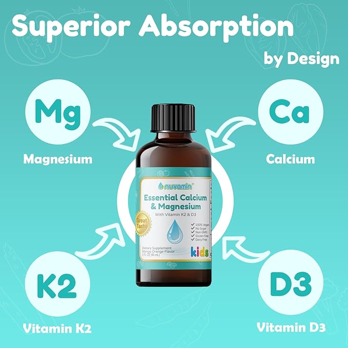 Nuvamin – Liquid Calcium & Magnesium Drops for Baby, Toddlers, Kids, & Adults, 2Fl.Oz (60ml), 30 Daily Servings. Great Taste - All Natural - Vegan - Superior Absorption