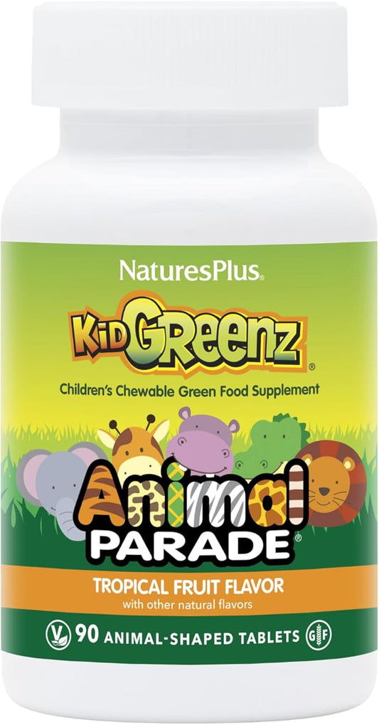 Natures Plus Animal Parade KidGreenz, Tropical Fruit Flavor - 90 Animal-Shaped, Chewable Tablets - Vegetarian, Gluten Free - 90 Servings