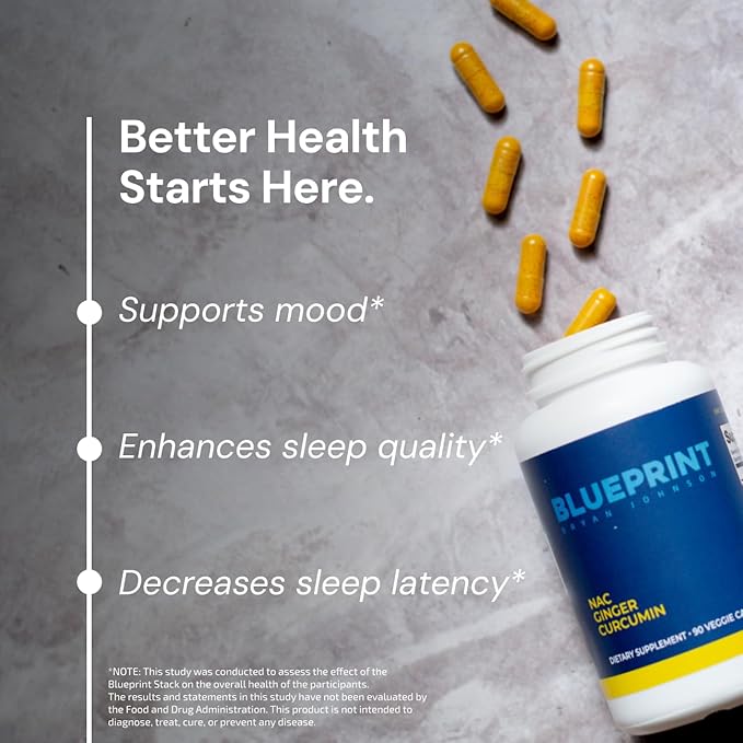 Blueprint Bryan Johnson NAC Supplement - Promotes Stress Relief, Immune System Function, Respiratory Health - Includes N-Acetyl-L-Cysteine, Ginger, Curcuminoids - Detoxifying - Vegan (30 Servings)