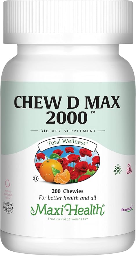 Maxi Health Chewable Vitamin D3 2000 IU Supplement - Delicious Natural Bubble Gum Flavor - Supports Calcium Absorption, Immune and Bone Health in Adult Women, Men, Children & Toddlers - 200 Chews