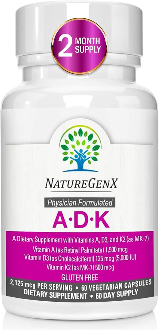 ADK Vitamin Supplement 5000 IU - High Potency Vitamins A, D3, and K2 for Bone Health and Calcium Absorption | Gluten-Free Vitamin ADK Supplement, 60 Day Supply, 60 Capsules