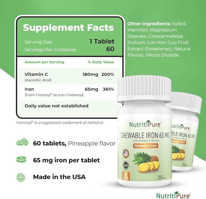 Chewable Iron Carbonyl 65 mg with Vitamin C 180 mg (for Women/Men) - Tablet in Pineapple Flavor 60 Count (1)
