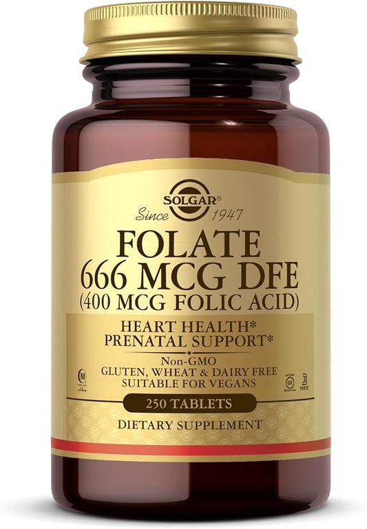 SOLGAR Folate 666 mcg DFE (Folic Acid 400 mcg) - 250 Tablets - Prenatal Support - Non-GMO, Vegan, Gluten Free, Dairy Free, Kosher, Halal - 250 Servings