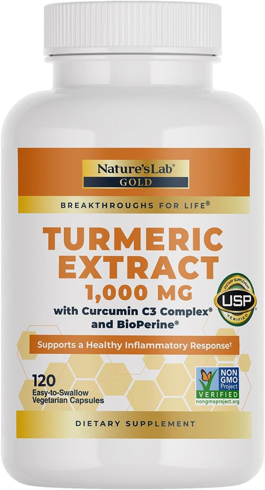Nature's Lab Turmeric Curcumin C3 Complex 1000mg - Turmeric Extract 1000mg & BioPerine 5mg Standardized to 95%, Promotes Cardiovascular, Immune, Joint, Skin Health - 120 Capsules (60 Day Supply)