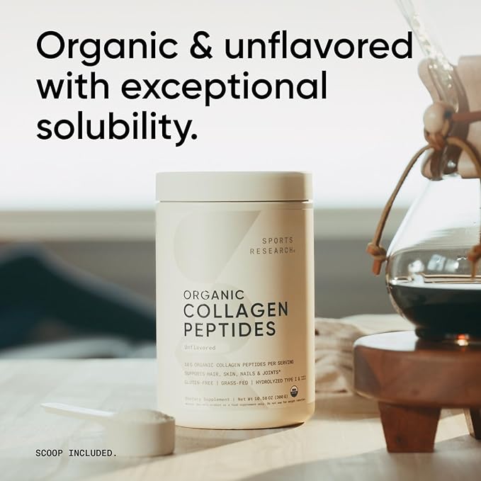Sports Research® Organic Collagen Peptides - Hydrolyzed Type I & III Collagen Protein Powder Sustainably Sourced from Grass-Fed Bovine - Unflavored, Organic Certified & Gluten Free - 30 Servings