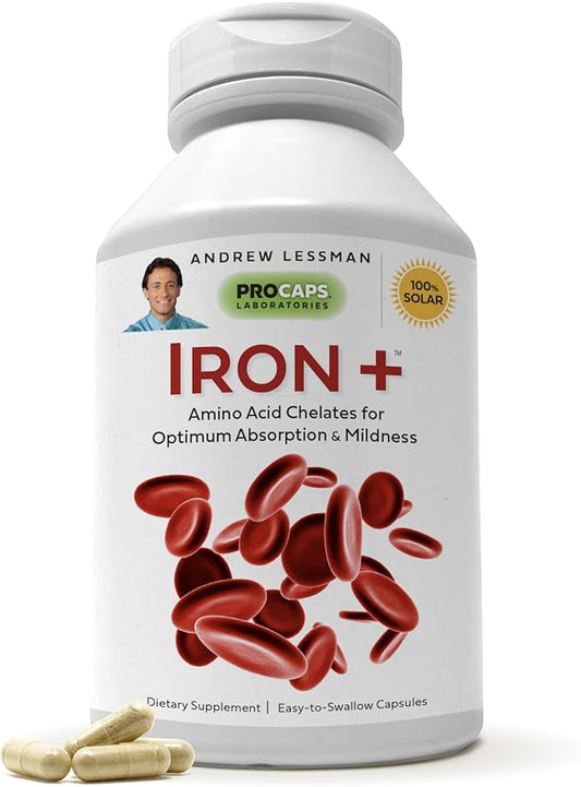 ANDREW LESSMAN Iron Plus 180 Capsules - 18mg Iron, 100% Pure Amino Acid Chelated Iron (Glycinate, Aspartate), Plus Vitamin C for Increased Absorption, Small, Easy to Swallow Capsules, No Additives