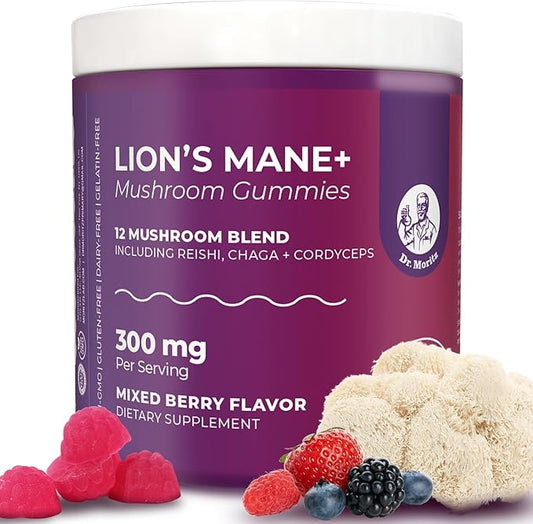 DR. MORITZ Lions Mane Gummies for Adults and Kids 4+ - Mushroom Gummies with 12-in-1 Blend Including Reishi & Chaga - Lions Mane for Kids and Adults - No Sugar Added, Non-GMO (60 Count)