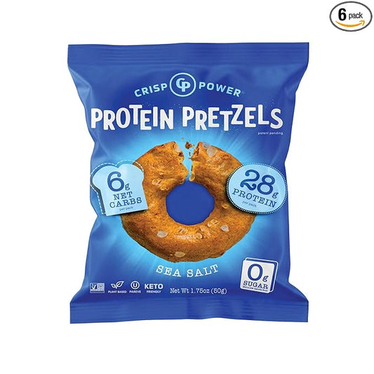 Crisp Power High Protein Pretzel Crisps - 6 Pack x 1.75 oz Crunchy & Flavorful Plant-Based Snack. No Sugar, 28g Protein Per Pack in 3 Savory Flavors, Vegan, Keto Friendly, Non-GMO, Kosher Non-Dairy (1.75 Ounce (Pack of 6), Sea Salt)