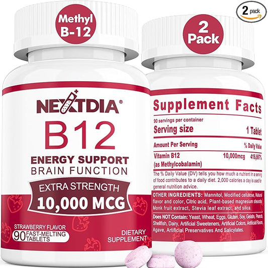 B12 Vitamins 10,000 mcg, Methylated Vitamin B12 Sublingual - Energy Boost, Focus, Metabolism & Brain Health Support, Immune System Support, Fast Dissolve, Natural Strawberry Flavor, 180 Servings