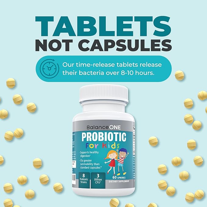 Balance ONE Time-Release Kids Probiotic - 15x Better Survivability Than Capsules or Gummies - 2 Month Supply - 3 Billion CFU Children’s Gut Health & Digestive Support - Sugar Free & Easy to Swallow