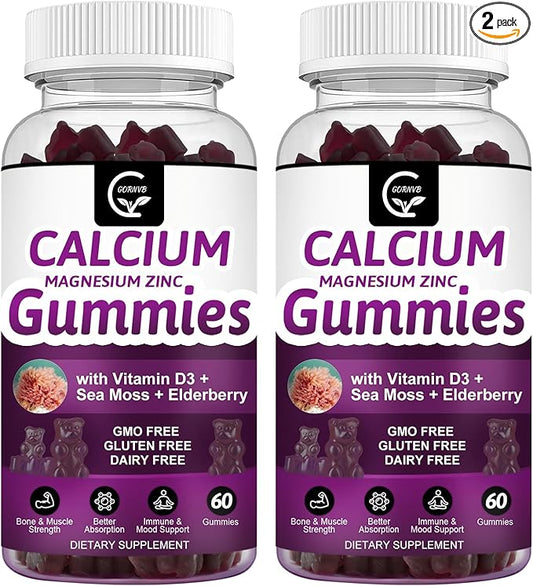 Calcium Magnesium Zinc Gummies with High Absorption Magnesium Glycinate Potassium - Plant Complex Calcium Magnesium 2:1 Ratio, with D3 Sea Moss for Bone, Muscles, Immune & Sleep Support, Vegan-2 Pack