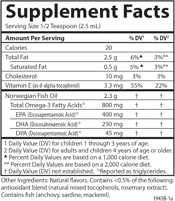 Carlson - Kid's The Very Finest Fish Oil, 800 mg Omega-3s, Liquid Fish Oil Supplement, Norwegian Fish Oil, Wild-Caught, Sustainably Sourced Fish Oil Liquid, Just Peachie, 200 mL (6.7 Fl Oz)