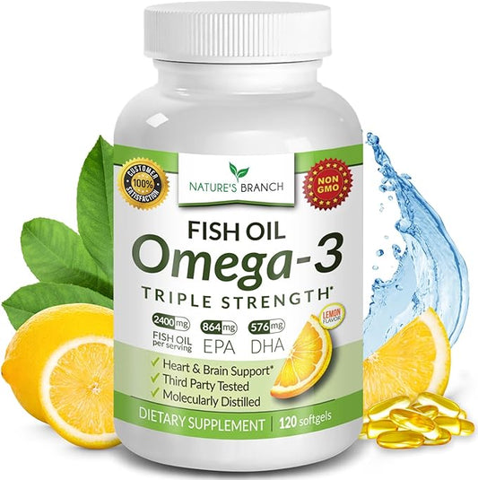 Best Triple Strength Omega 3 Fish Oil Pills 2400mg | 120 Capsules | Burpless High Potency Lemon Flavor | 864mg EPA 576mg DHA Ultra Pure Liquid Softgels | Brain Joints Eyes Hair Heart Health Supplement