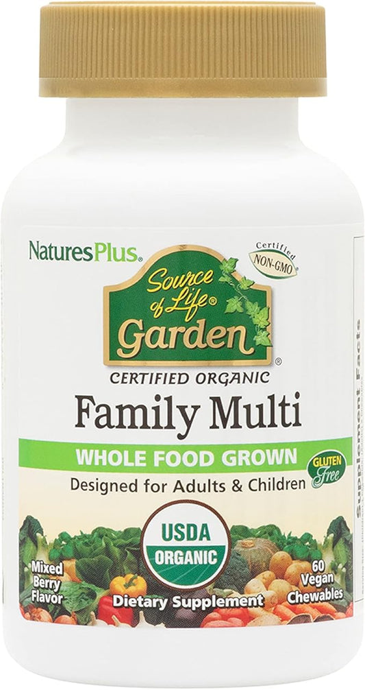 Natures Plus Source of Life Garden Certified Organic Family Chewable Multivitamin - 60 Vegan Chewables - Mixed Berry Flavor - for Adults & Children - Vegetarian, Gluten-Free - 30-60 Servings