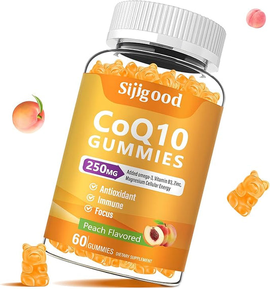 Sugar Free CoQ10 Gummies, Plus Omega-3, Vitamin B3 and Zinc, Magnesium, 5X High Absorption Coenzyme Q10 Supplements, q10 Boost Cellular Energy, Potent Antioxidant & Brain, Peach Flavor, 60 Cts