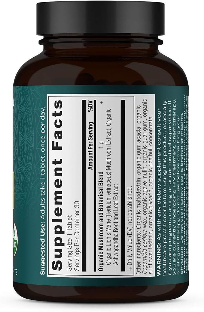 Ancient Nutrition Organic Lion's Mane Mushroom Supplement with Ashwagandha, Organic Lion's Mane Supports Healthy Energy and Concentration, Reduces Fatigue, Gluten Free and Keto Friendly, 30 Tablets