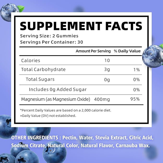 Magnesium Oxide Gummies 400mg, Sugar Free Magnesium Oxide Supplement for Adults & Kids, Muscle Support & Energy Boost, Non GMO, Blueberry Flavor 120 Count