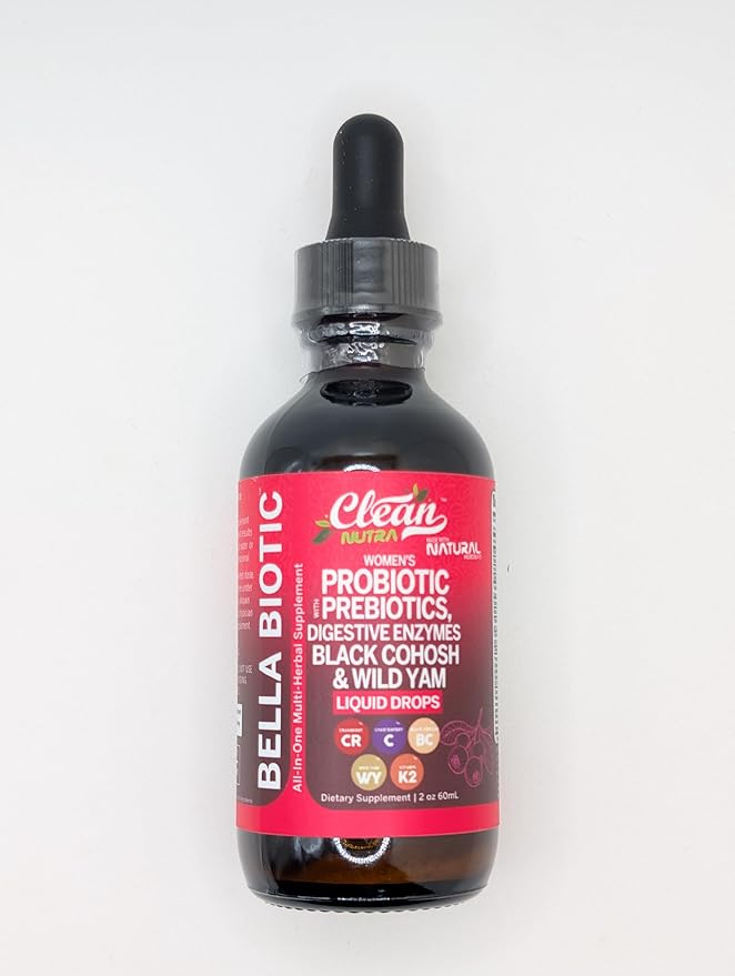 Liquid Probiotics for Women Drops with Chasteberry, Black Cohosh, Prebiotics, Digestive Enzymes, Evening Primrose Oil, Wild Yam, Cranberry Dmannose and Iron Vitamin D3 K2 Clean Nutra Bella Biotics (3)
