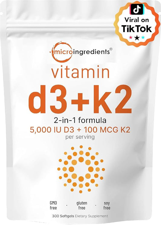 Micro Ingredients Vitamin D3 5000 IU with K2 100 mcg, 300 Soft-Gels | K2 MK-7 with D3 Vitamin Supplement, 2 in 1 Support Immune, Heart, Joint, Teeth & Bone Health - Easy to Swallow