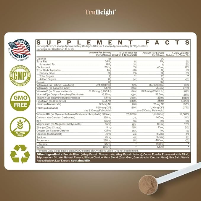 TruHeight Growth Protein Shake (Chocolate Milk Flavor, Whey) Natural Growth & Development Protein Powder for Kids & Teens - Weight Gain Drinks - Endorsed by Pediatricians, Picky Eater Vitamin, Ages 5+