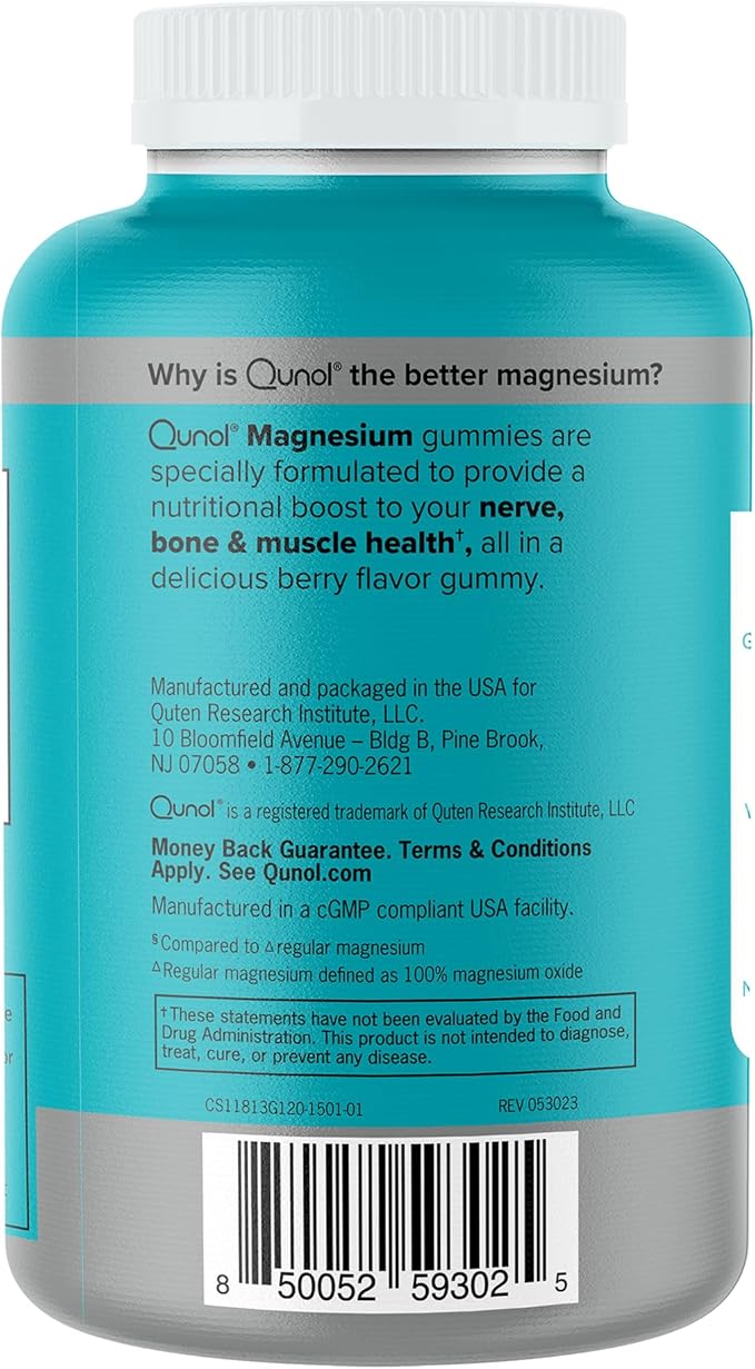 Qunol Magnesium Gummies for Adults, 200mg Elemental Magnesium (from 1,750mg Magnesium Citrate), High Absorption Magnesium Supplement, Supports Nerve, Bone and Muscle Health, Vegetarian, 120 Count
