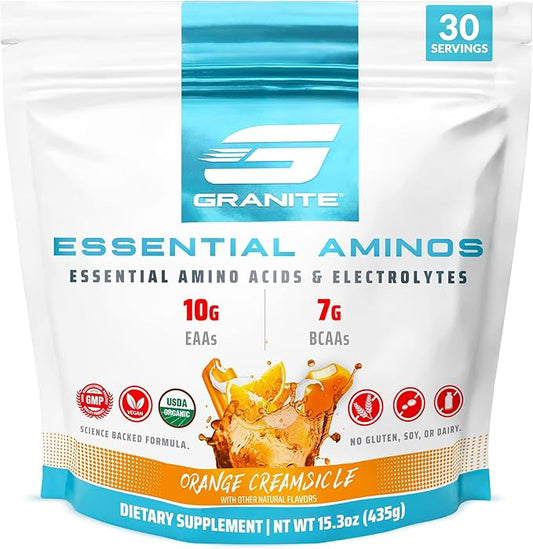 Granite Essential Amino Acids Powder for Muscle Recovery and Growth with 10g EAAs and 7g BCAAs - Soy-Free, Gluten-Free, 448g (30 Servings), Orange Creamsicle Flavor