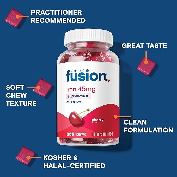 Bariatric Fusion Iron Supplement for Women Anemia | Chewable Iron with Vitamin C | Cherry Flavored Soft Chew | Gentle on Stomach Ferrous Fumarate for Women and Men | Gluten Free | 60 Count