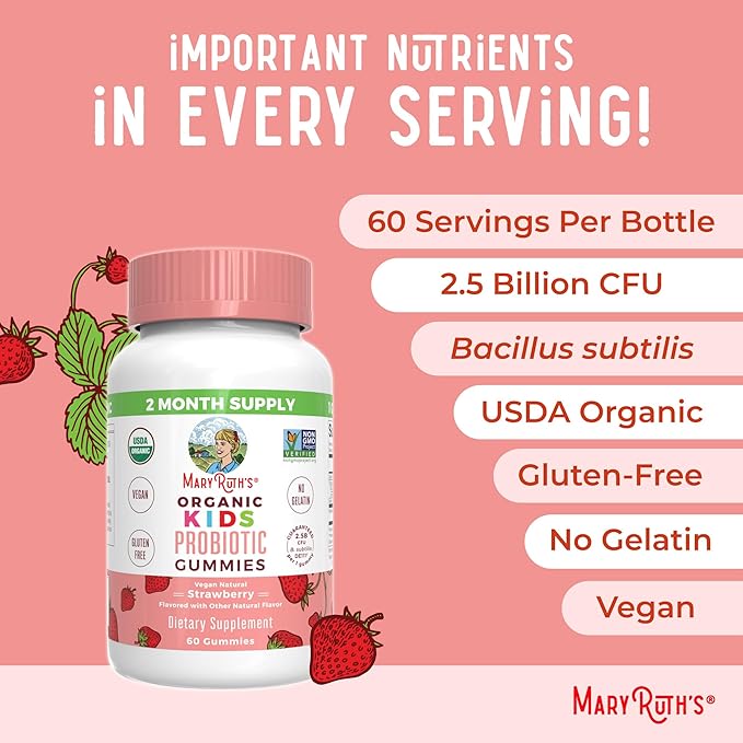 MaryRuth Organics Kids Probiotics for Digestive Health | USDA Organic Probiotic Gummies | Probiotics for Kids | Immune Support | Gut Health Supplement | Vegan | Non-GMO | Gluten Free | 60 Count