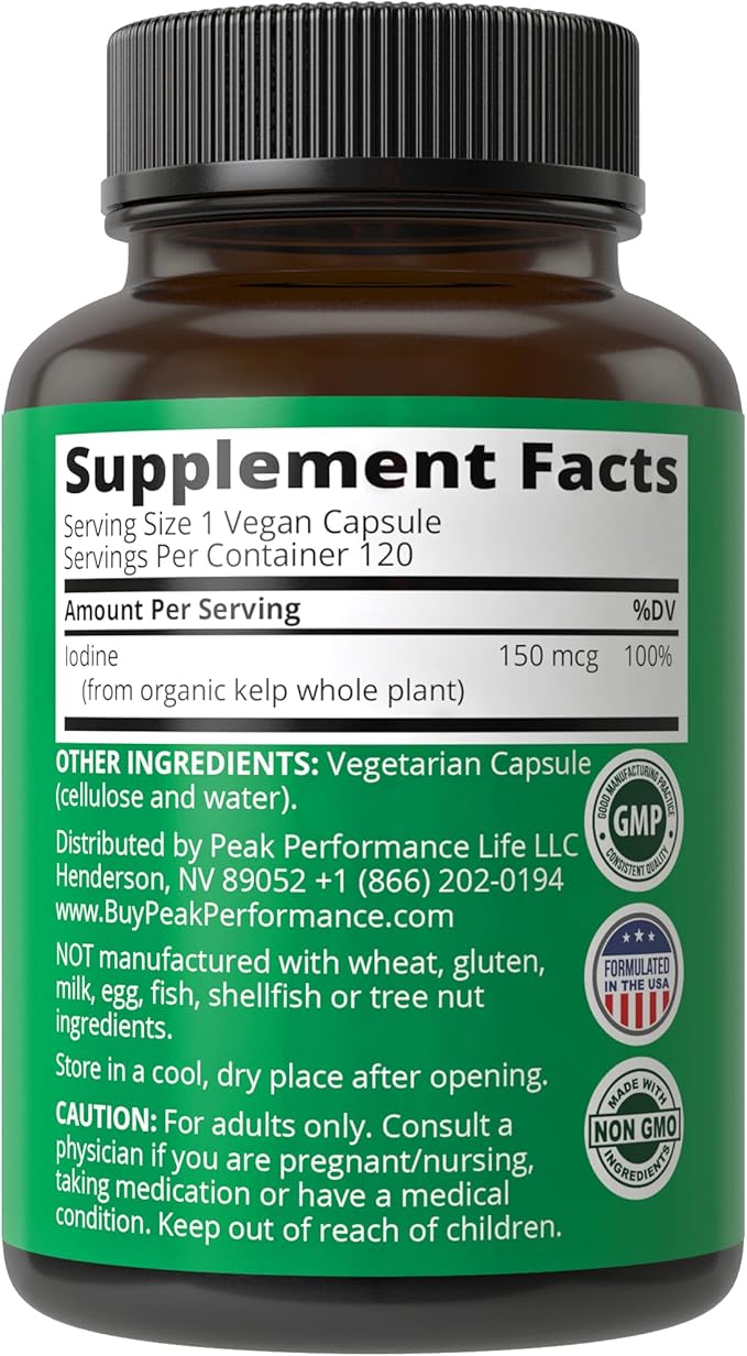Peak Performance Raw Whole Food Iodine Supplement from Organic Kelp (Ascophyllum Nodosum) Potassium Iodide Support Tablets. for Metabolism, Energy, and Immune. 120 Vegan Capsules, Pills.