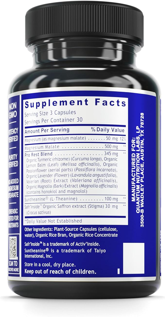 Quantum Nutrition Labs Quantum Relax and Slumber - Sleep Supplement with Magnesium Malate & L-Theanine, Natural Calm Complex with Lemon Balm & Valerian Root for Women & Men - 90 Capsules
