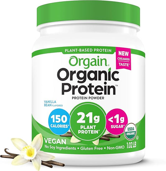 Orgain Organic Vegan Protein Powder, Vanilla Bean - 21g Plant Based Protein, 4g Prebiotic Fiber, No Lactose Ingredients, No Added Sugar, Non-GMO, For Shakes & Smoothies, 1.02 lb (Packaging May Vary)