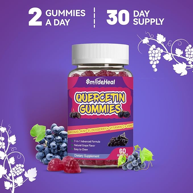 2 Pack Quercetin Gummies 1200MG, Quercetin Gummies with Bromelain, Zinc Vitamin C, Immune System Vegan Gummy for Adult & Kid, 120 Vegan