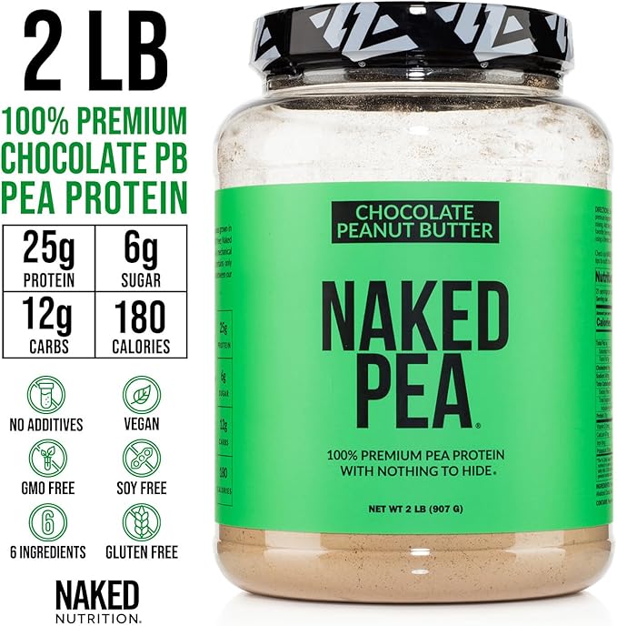 NAKED Pea - Chocolate Peanut Butter Protein from US & Canadian Farms, Organic Cocoa, Organic Coconut Sugar - No GMO, No Soy, and Gluten Free, Aid Growth and Recovery - 21 Servings