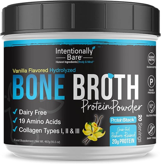 Intentionally Bare Bone Broth Organic Protein Powder Vanilla - Grass Fed Vanilla Protein with Collagen Types 1 2 & 3 - Keto Collagen Powder - Vanilla Collagen Powder for Joints & Gut - 20 Servings