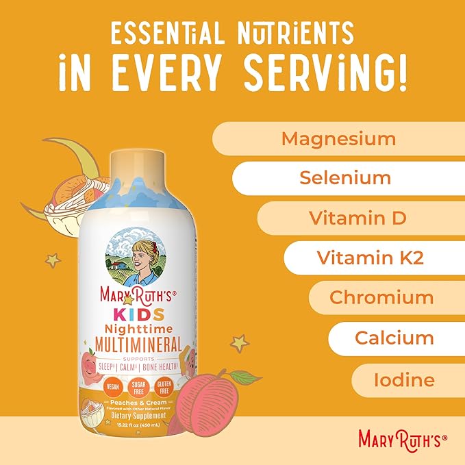 Kids Liquid Nighttime Multimineral by MaryRuth's | Kids Vitamins | Bone Health | Calm Calcium Magnesium Supplement | Muscle Relaxation | Vegan | Sugar Free | 30-180 Servings | 15.22 fl oz
