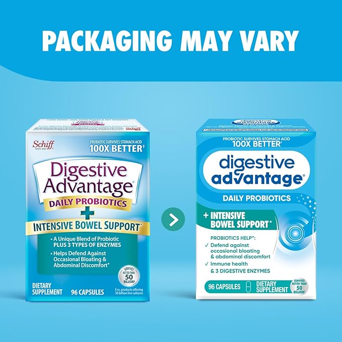 Digestive Advantage IBS Daily Probiotic Capsules for Digestive Health & Gut Health, Probiotics for Men and Women (96 Count Box) - Digestible Enzymes