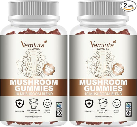 2 Packs 5000MG Mushroom Gummies -10 Blend Organic Mushroom Supplement containing Lion's Mane and Reishi for Brain and Immune Boosting, Vegan Blueberry Flavor, Non-GMO, 120 Counts