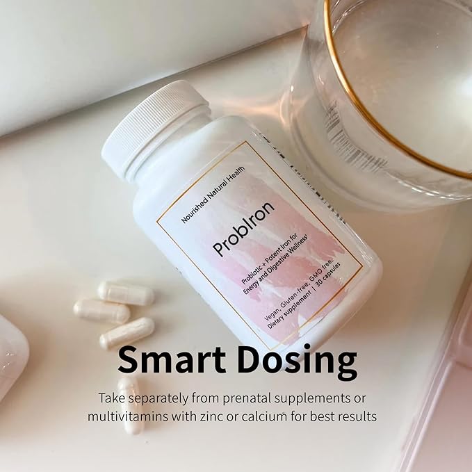 Nourished Natural Health ProbIron - Women's Probiotic + Iron Supplement Boosted with Vitamin C and Copper - Vegan Formula for Energy and Digestive Wellness - 30 Capsules