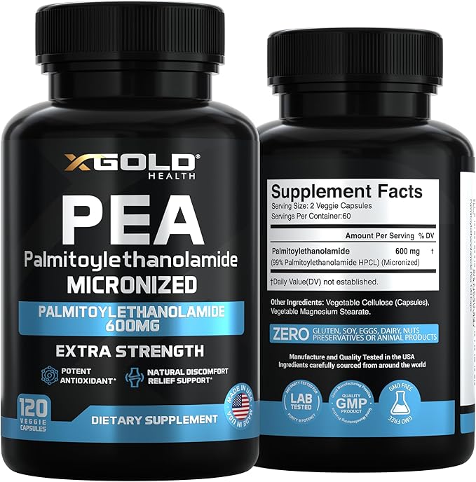Palmitoylethanolamide Pea Supplement 600 mg | Micronized Pea 99% Highly Purified and Bioavailable | Made in USA | Supplement for Men and Women - 120 Capsules