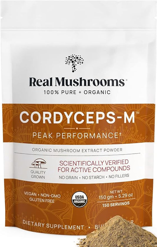 Real Mushrooms Cordyceps Powder - Performance Mushroom Extract with Organic Militaris for Energy Immune Support Vegan Supplement, Non-GMO, 150 Servings