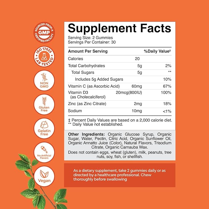 Natures Craft Vegan Organic Immune Support Gummies - D3 Zinc and Vitamin C Gummies for Adults Immunity - Organic Vitamin D for Adults Immune Support Supplement Gluten Free & Non-GMO (30 Servings)