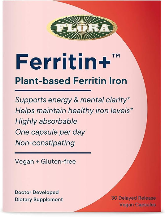 Flora Ferritin+ Delayed-Release Iron Supplement - Plant-Based Iron Supplement - Blood Cell & Energy Support - Vegan & Gluten-Free - 30 Vegan Capsules