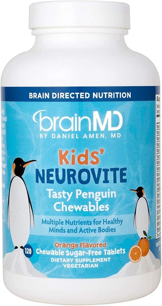 BRAINMD Dr Amen Kids’ NeuroVite, Orange Flavor - 120 Penguin-Shaped Chewables - Multivitamin & Mineral Supplement - Promotes Healthy Development & Growth - Gluten Free - 60 Servings