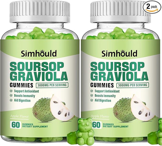2 Pack Soursop Graviola Gummies - 3000mg Extra Strength Soursop Leaves Supplement with Vitamin C, Zinc - Digestive Aid, Immune Support & Antioxidant - Sugar-Free, Non-GMO, Vegan, 120 Counts