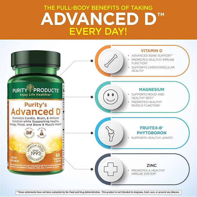 Purity Products Dr. Cannell's Advanced D from Vitamin D3 Super Formula - Packed with Vitamin D, Vitamin K2, Zinc, Magnesium Citrate, Boron and Taurine - 60 Vegetarian Capsules
